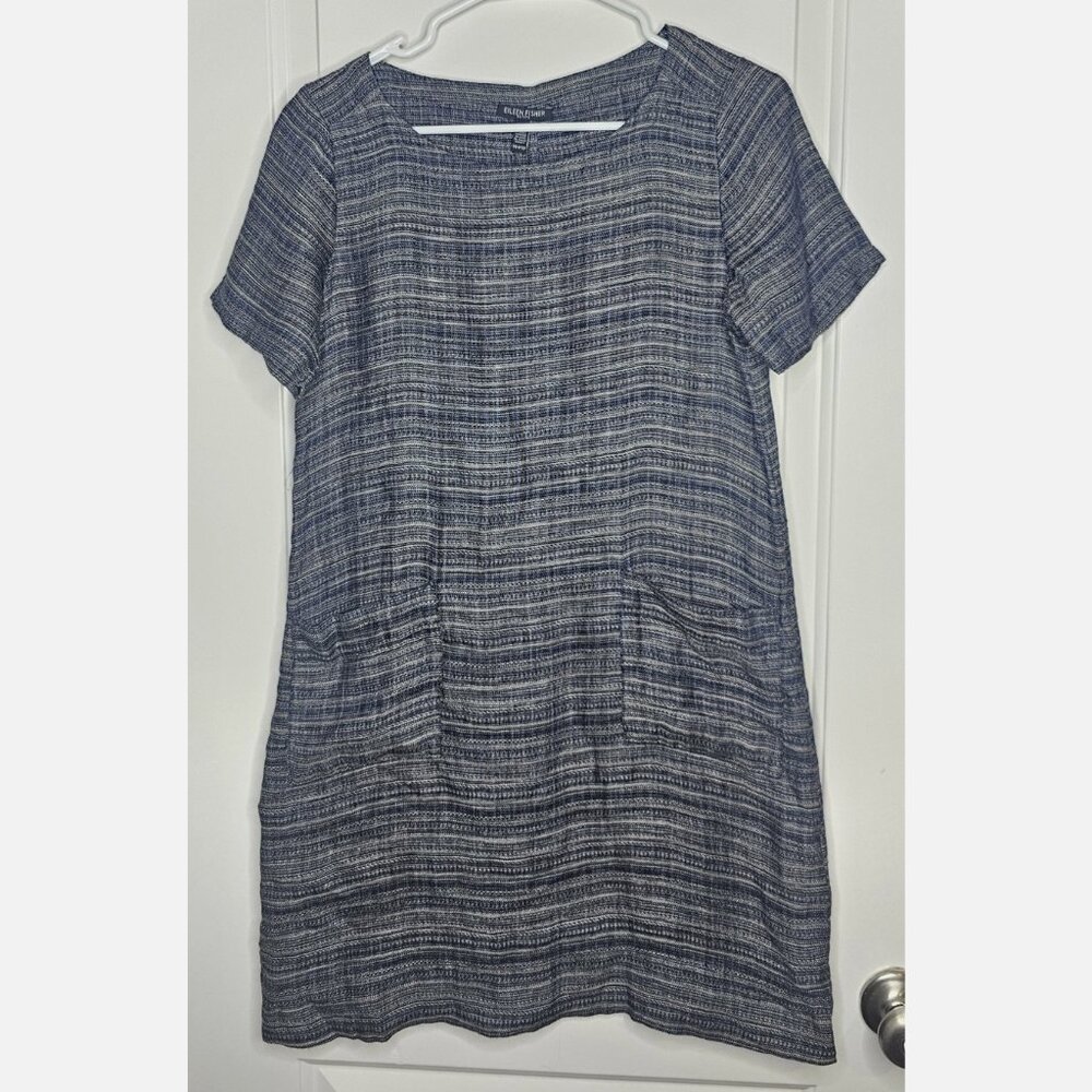 Eileen Fisher Linen Dress PP (0-2) Petite Navy Striped Pockets